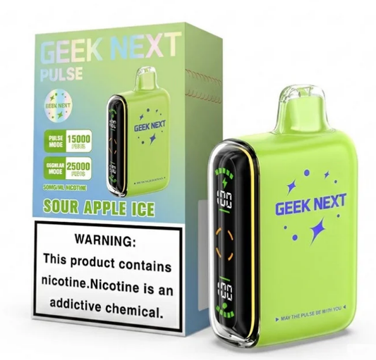 GEEK NEXT Pulse 25000 Puffs 25K DISPOSABLE 5 PER PACK, |25000 Puff Disposable Vape 5% Nic,E-JUICE CAPACITY. 18.0 ml ; PUFF COUNT. ~ 25000 / ~ 15000 Pulse ; BATTERY SIZE. 820 mAh.