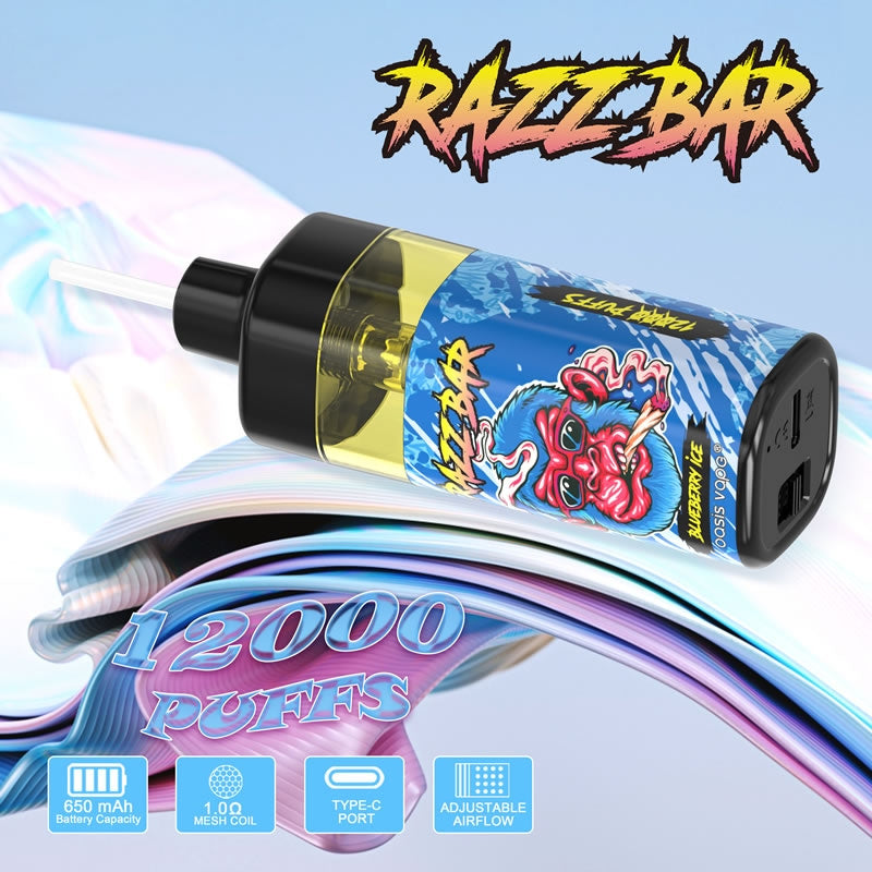 Razz Bar 12000 Puffs - 22mL, 5% Nic Salt, 16 Flavors, Mesh Coil