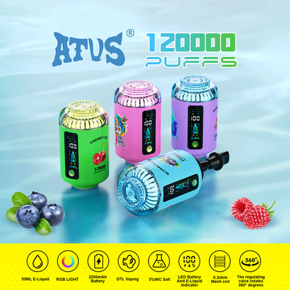 ATVS 120000 120K Puffs:DTL Hookah Head Disposable Vape with LED Display ;50 ml, 2200 mAh, DTL, USB-C