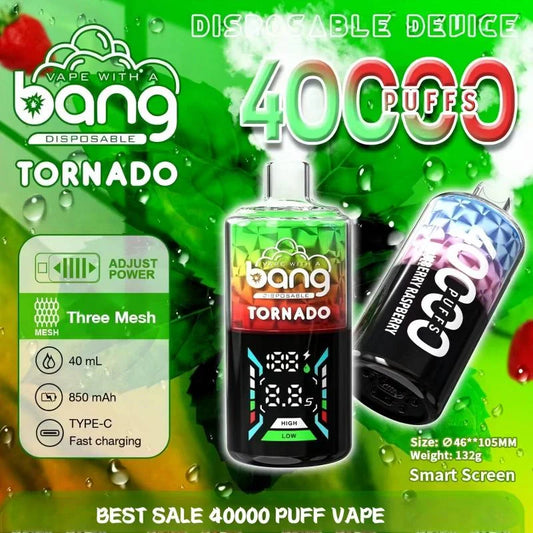 Bang With A Vape 40000 Tornado Wholesale Factory Price Good Sale-850mAh Battery, 40ml E-liquid, Multiple Nicotine 12 Flavors