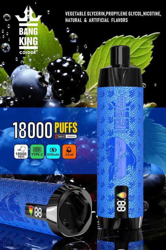 Bang King E Shisha 24ml E Liquid Disposable Pod 18000 Puffs Smart Screen Vaping Experience E Vapes-650mAh Battery, 24ml E-liquid, Multiple Nicotine 12 Flavors
