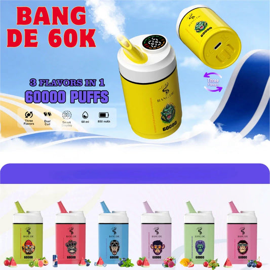 Bang DE 60K 3 in 1 Flavors Hot-Selling Model Wholesale Deal-850mAh battery, 60ml E-liquid, Multiple Nicotine 12 Flavors