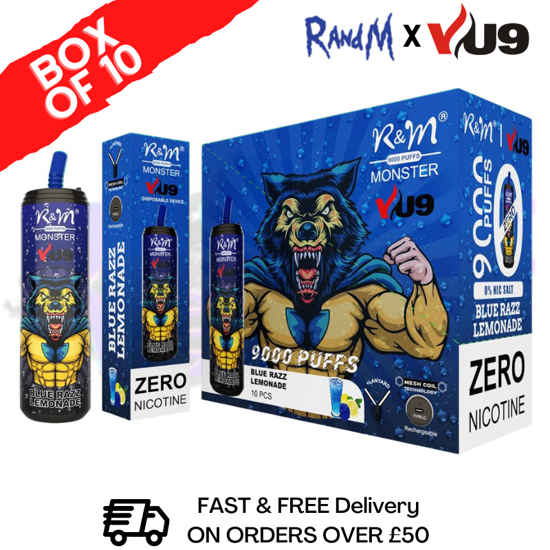 Blue Razz Lemonade 9K Monster 9000 Puff 0MG NIC PACK OF 10 BAR