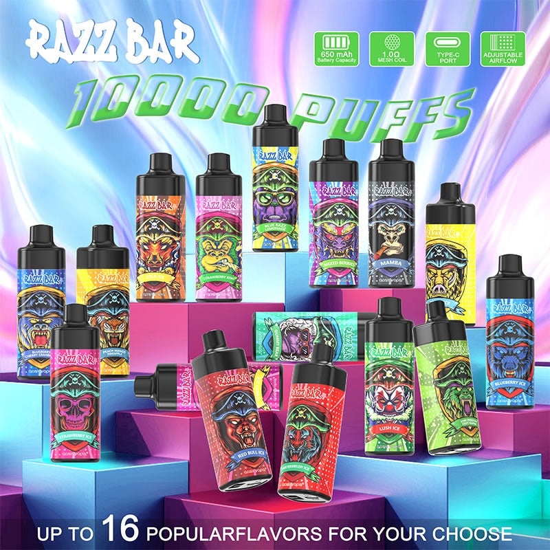 Razz Bar 10000 Puffs - 20mL, 5% Nic Salt, 16 Flavors, Mesh Coil