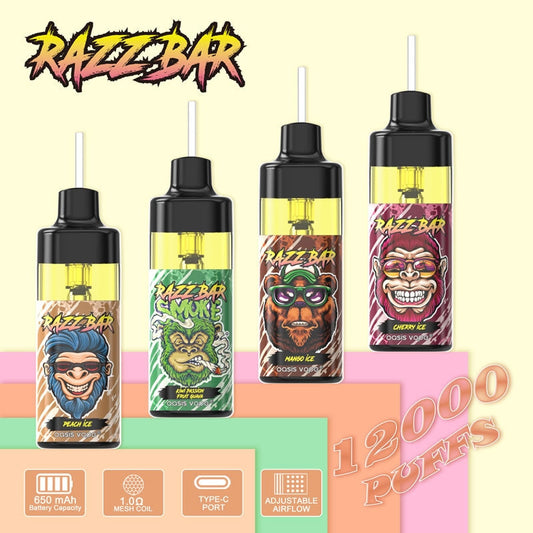 RAZZ BAR 12000 Puffs - 22mL, 5% Nic Salt, 16 Flavors, Refillable