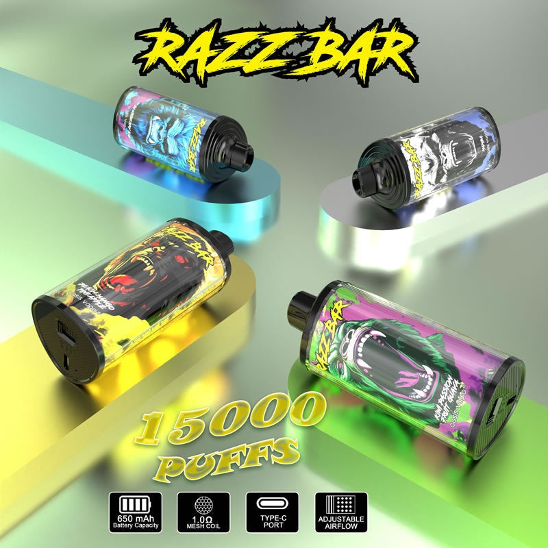 Razz Bar 15000 Puffs - 28mL, 5% Nic Salt, 12 Flavors, Mesh Coil
