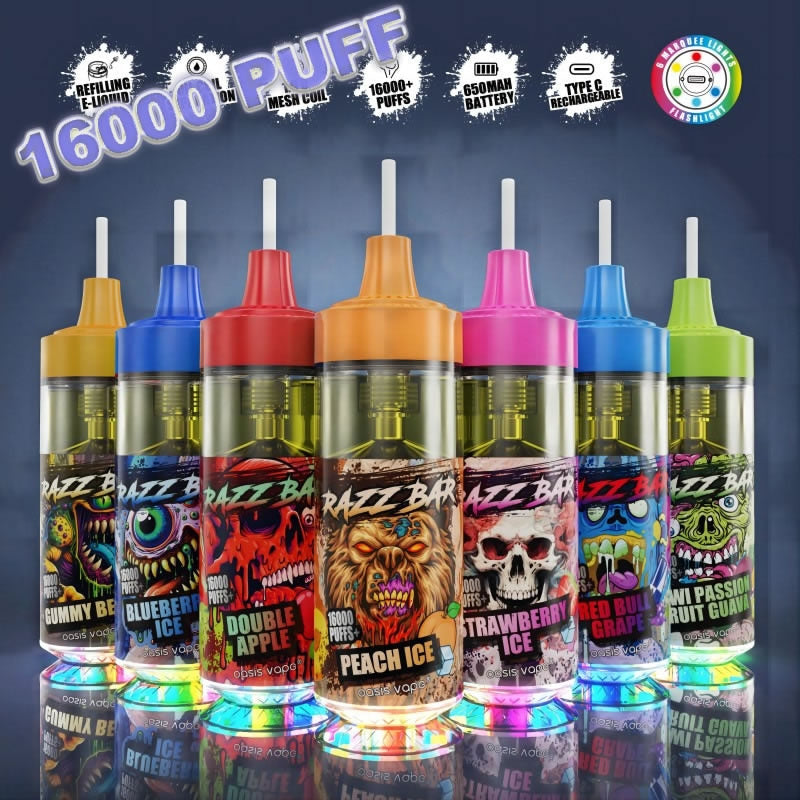 Razz Bar 16000 Puffs - 20mL, 5% Nic Salt, 12 Flavors, Refillable