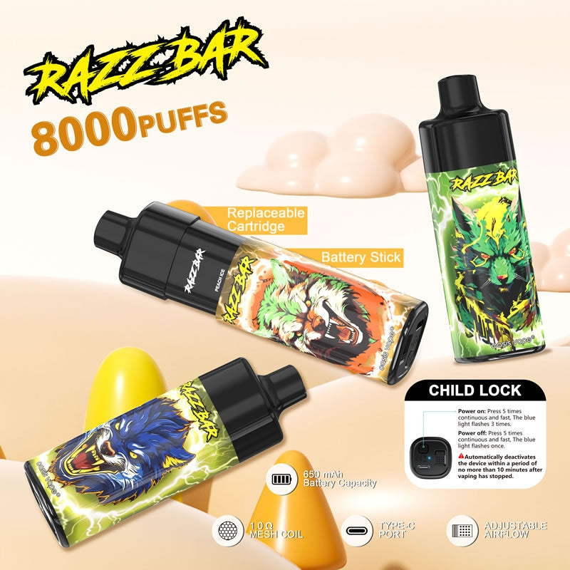 RAZZ BAR 8000 Puffs - 18mL, 5% Nic Salt, 12 Flavors, Replaceable Pod