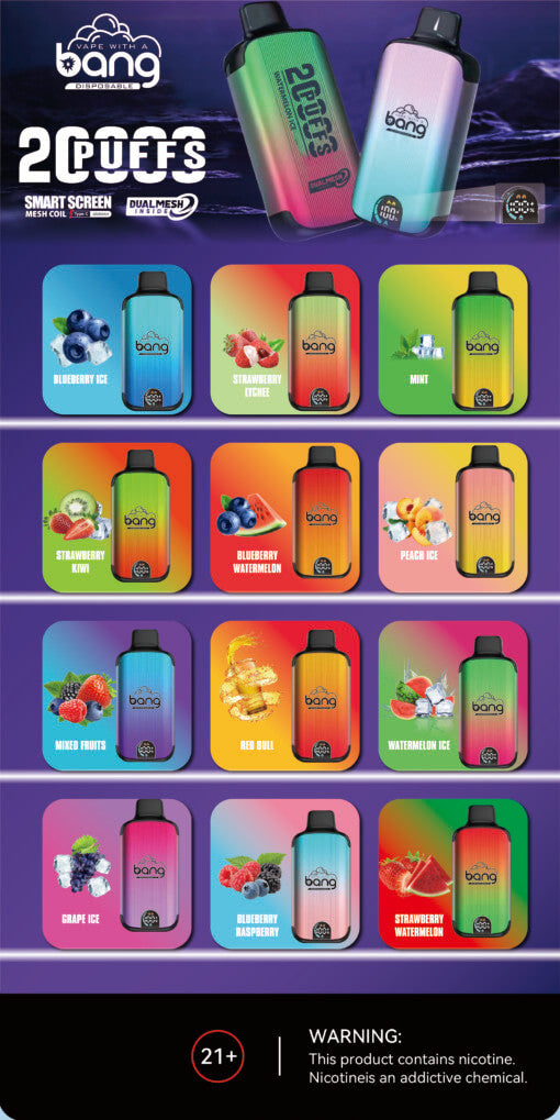 Bang 20000 Puffs LED Display Disposable Vape Bang King Double Crystal 20000 Puffs Vape 20K Disposable Vape Pen E Cigarette Prefilled-650mAh Battery, 25ml E-liquid, Multiple Nicotine 12 Flavors